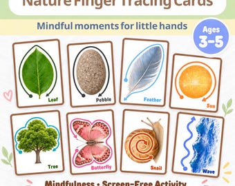 Könnte beinhalten: Nature Finger Tracing Cards Set mit 12 druckbaren Karten für Kinder von 3-5 Jahren. Jede Karte zeigt ein Naturmotiv wie ein Blatt, einen Kieselstein, eine Feder, die Sonne, einen Baum, einen Schmetterling, eine Schnecke oder eine Welle mit Pfeilen.