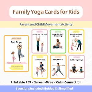 Könnte beinhalten: Ein Set von Familien-Yoga-Karten für Kinder mit Bewegungsaktivitäten für Eltern und Kinder. Die Karten zeigen verschiedene Posen wie Tall Tree, Reach for the sky, Back-to-Back Breathing, Hand-to-Hand Stretch, Partner Tree, Star Stretch und Butterfly Wings.
