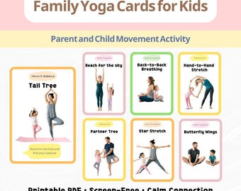 Könnte beinhalten: Ein Set von Familien-Yoga-Karten für Kinder mit Bewegungsaktivitäten für Eltern und Kinder. Die Karten zeigen verschiedene Posen wie Tall Tree, Reach for the sky, Back-to-Back Breathing, Hand-to-Hand Stretch, Partner Tree, Star Stretch und Butterfly Wings.