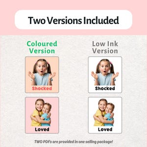 Może przedstawiać: Obraz z tekstem "Two Versions Included". Przedstawia dwa zestawy obraz&oacute;w: dziecko z zaskoczoną miną i dziecko obejmujące drugie dziecko. Słowa "Shocked" i "Loved" znajdują się pod obrazami. Tekst "TWO PDFs are provided in one selling package!" znajduje się na dole.