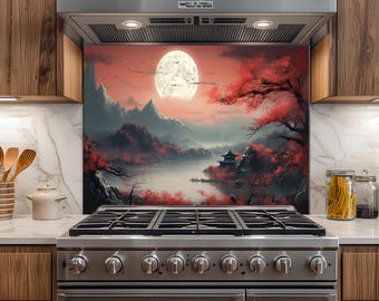 Salpicadero de cocina de vidrio templado, salpicadero con paisaje lunar asiático, protector contra salpicaduras de estufa con lago de montaña de estilo japonés y bosque rojo