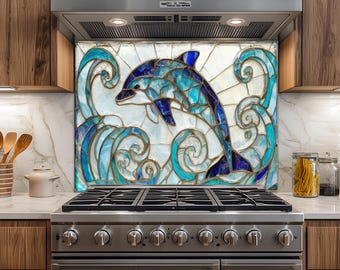 Ocean Dolphin Tempered Glass Kitchen Backsplash – Blue Mosaic Wave Design, Heat-Resistant Wall Panel