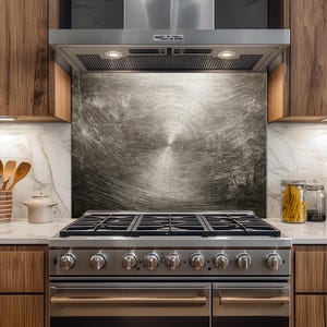 May include: A stainless steel kitchen backsplash featuring a circular brushed metal texture, positioned behind a professional-style gas range with black iron grates and a stainless steel oven door, set between dark wood cabinets and white marble.