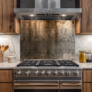 Può includere: Una cucina in acciaio inossidabile con piano cottura a gas e forno, posizionata sotto una cappa aspirante abbinata. Il paraschizzi presenta un pannello metallico con un'incisione dell'Ultima Cena, tra mobili in legno e marmo.