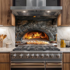 May include: A kitchen scene featuring a stainless steel gas range with a stone oven backsplash. A loaf of bread rests on a wooden board in front of the oven, with flames visible inside. Wooden cabinets and marble countertops complete the setting.