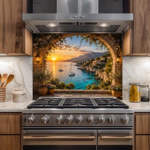 Mediterranean Sunset Glass Kitchen Backsplash, Tempered Glass Stove Panel, Coastal Sea View Wall Panel, Seaside Kitchen Decor