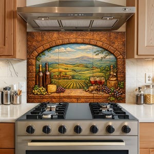 May include: A kitchen backsplash mural featuring a textured brick archway framing a landscape painting of rolling hills, vineyards, and a villa. The foreground displays wine bottles, two glasses of red wine, grapes, and a block of cheese.