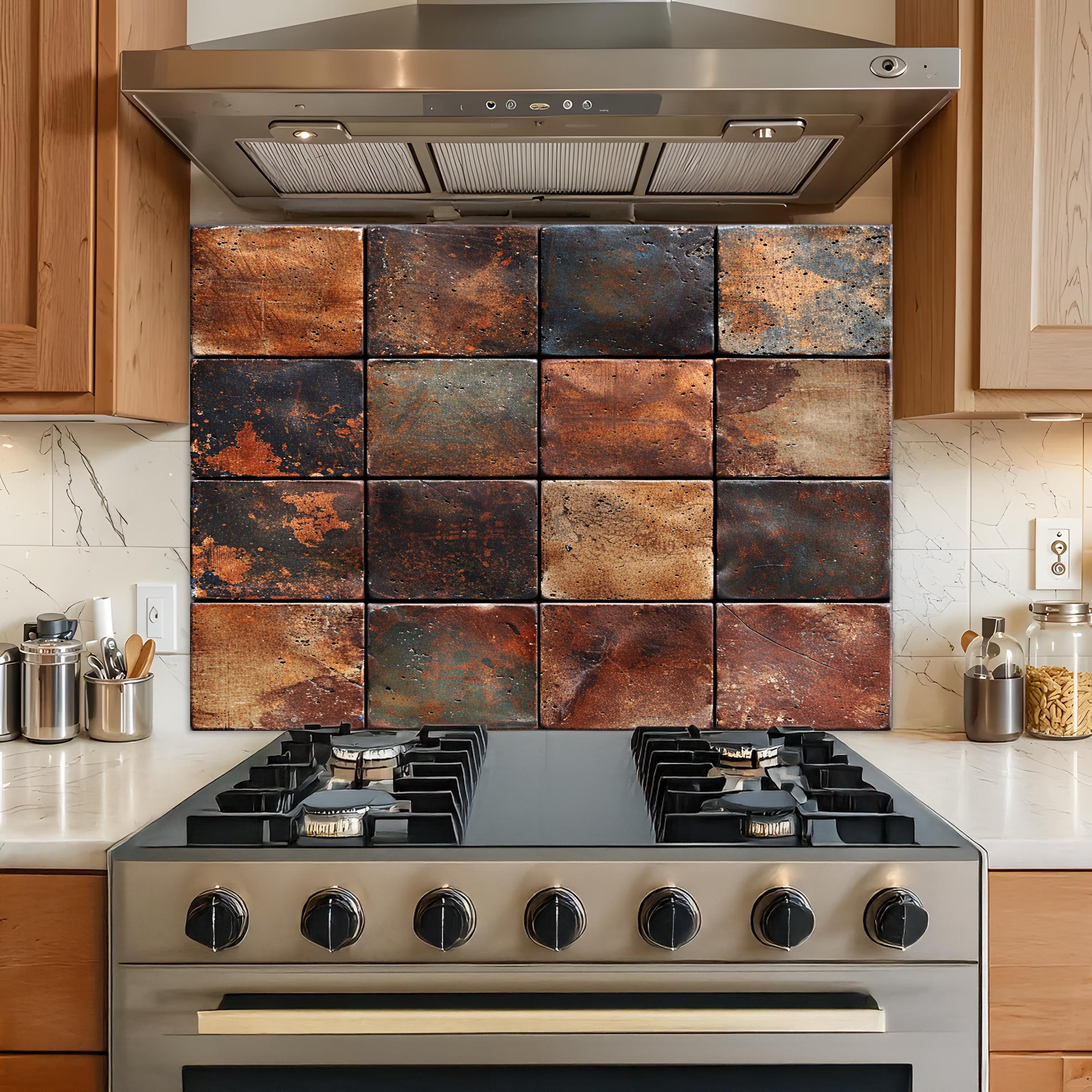 Rustic Metal Tile Pattern Rustic Metal Tile Glass Kitchen Backsplash, Industrial Rust Texture ...