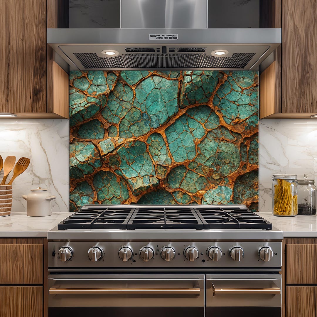 Turquoise Cracked Stone Glass Backsplash – Copper Vein Tempered Glass ...