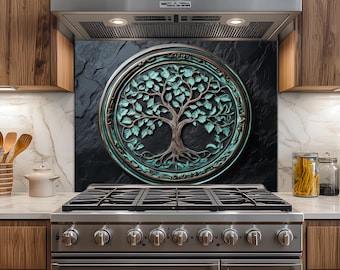 Copper Patina Tree of Life Tempered Glass Kitchen Backsplash