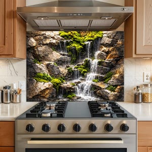 May include: A kitchen backsplash featuring a waterfall scene. The image shows a cascading waterfall flowing over rocky terrain covered in green moss. The backsplash is installed behind a stainless steel stove.