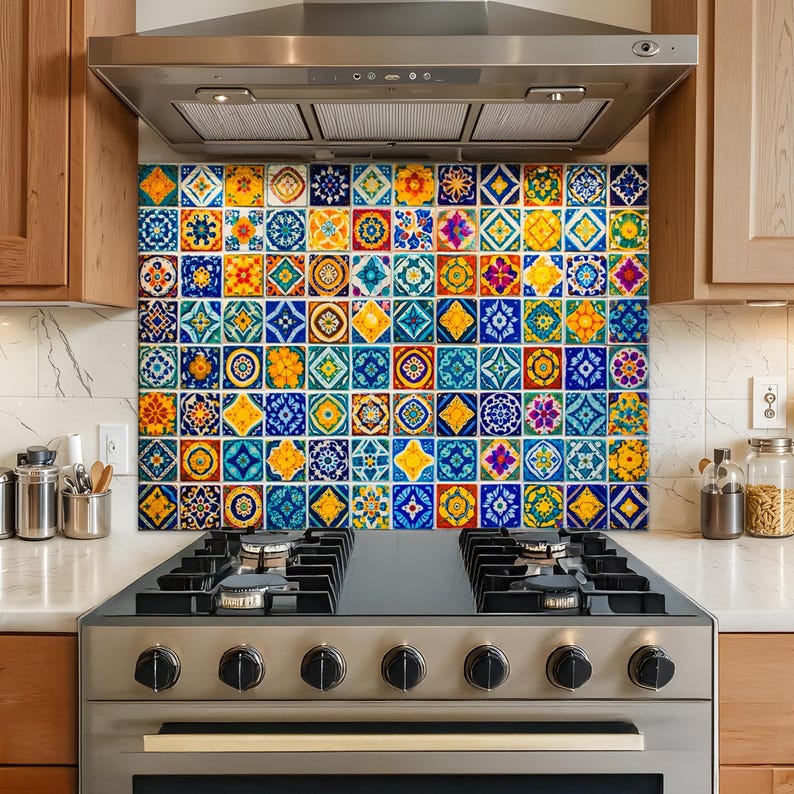 Tempered Glass Kitchen Backsplash, Colorful Mosaic Tile Stove Panel - Etsy