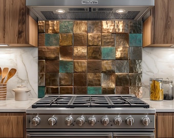 Puede incluir: Un salpicadero de cocina con una cuadrícula de azulejos metálicos cuadrados y martillados en tonos variados de bronce, cobre y verde azulado oxidado, situado detrás de una cocina de gas y una campana extractora de acero inoxidable.