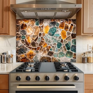 Amber Turquoise Mosaic Glass Kitchen Backsplash, Tempered Glass Stove Panel, Copper Teal Stone Style Heat Resistant Wall Panel