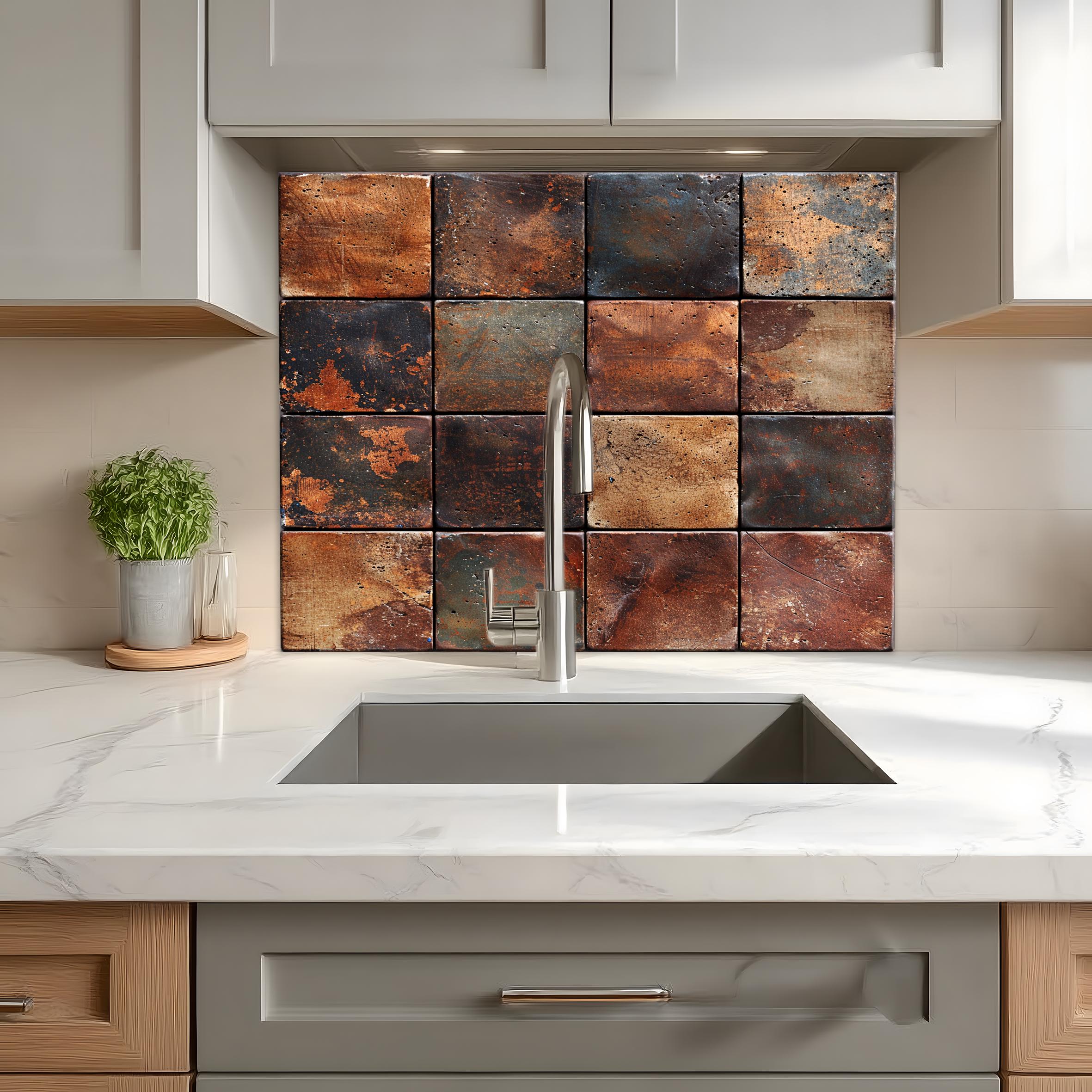 Rustic Metal Tile Pattern Rustic Metal Tile Glass Kitchen Backsplash, Industrial Rust Texture ...