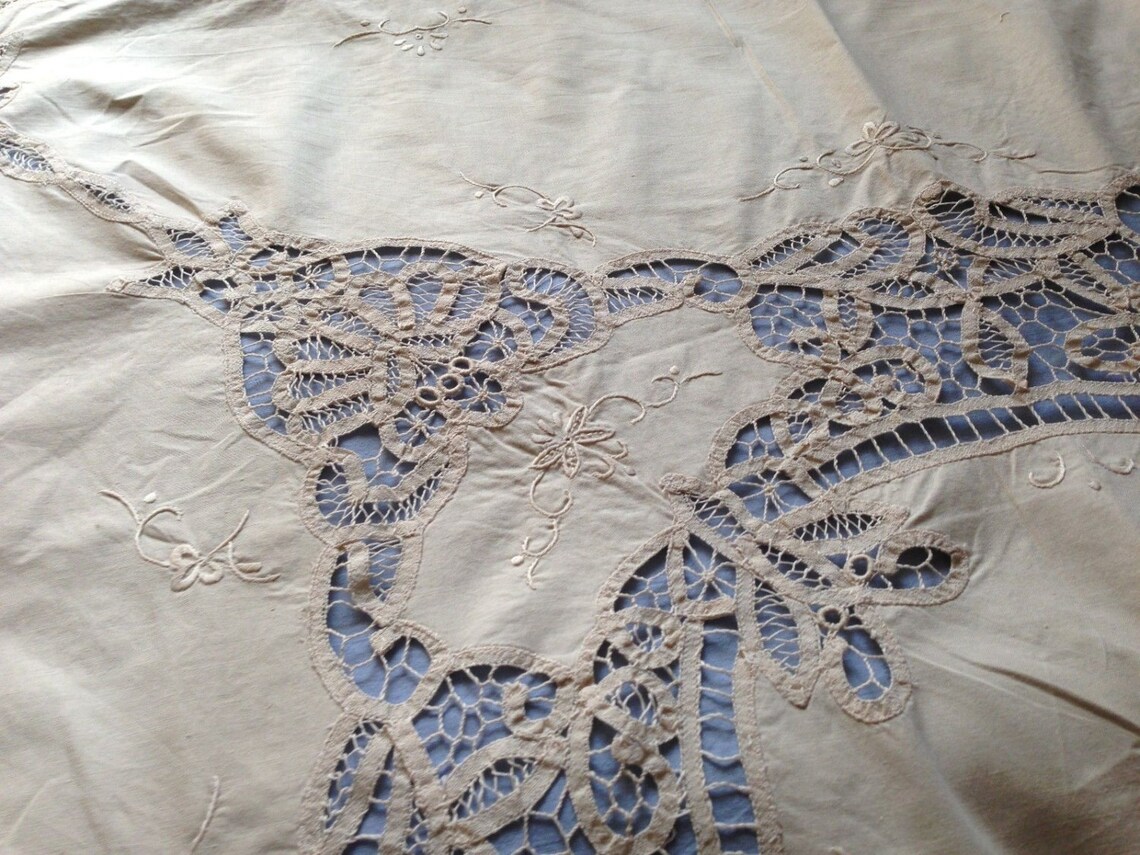 SALE Beautiful Antique Ecru Hand Embroidery Linen Tablecloth With