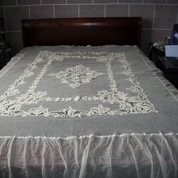 SOLD TREASURY ITEM Antique French Handmade Ecru Net and Battenburg Tape Lace Bedspread