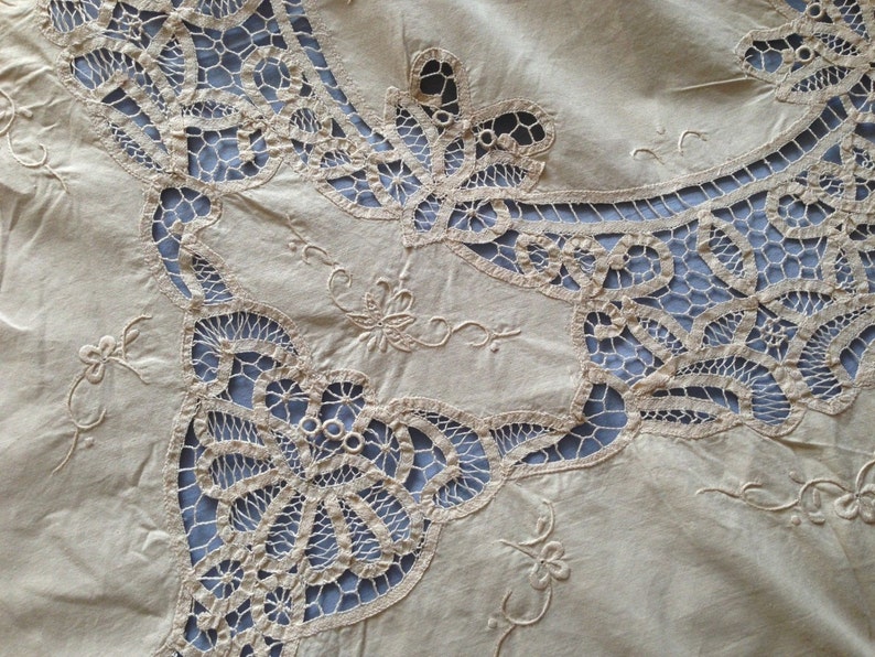 SALE Beautiful Antique Ecru Hand Embroidery Linen Tablecloth With ...
