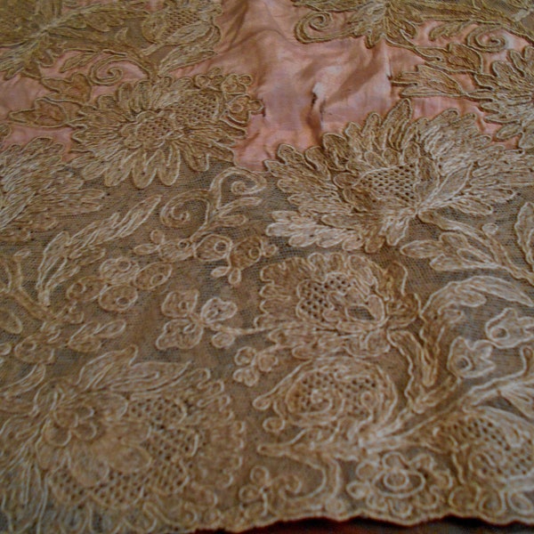 SALE Delicious Antique Handmade Brussels Net Lace Yardage Late 1800s Ecru on Peach Silk Satin