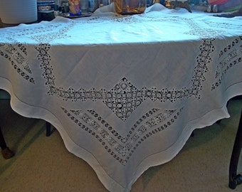 Antique Vintage White Italian Linen Tablecloth with Stunning Tenerife Milan Lace Inserts