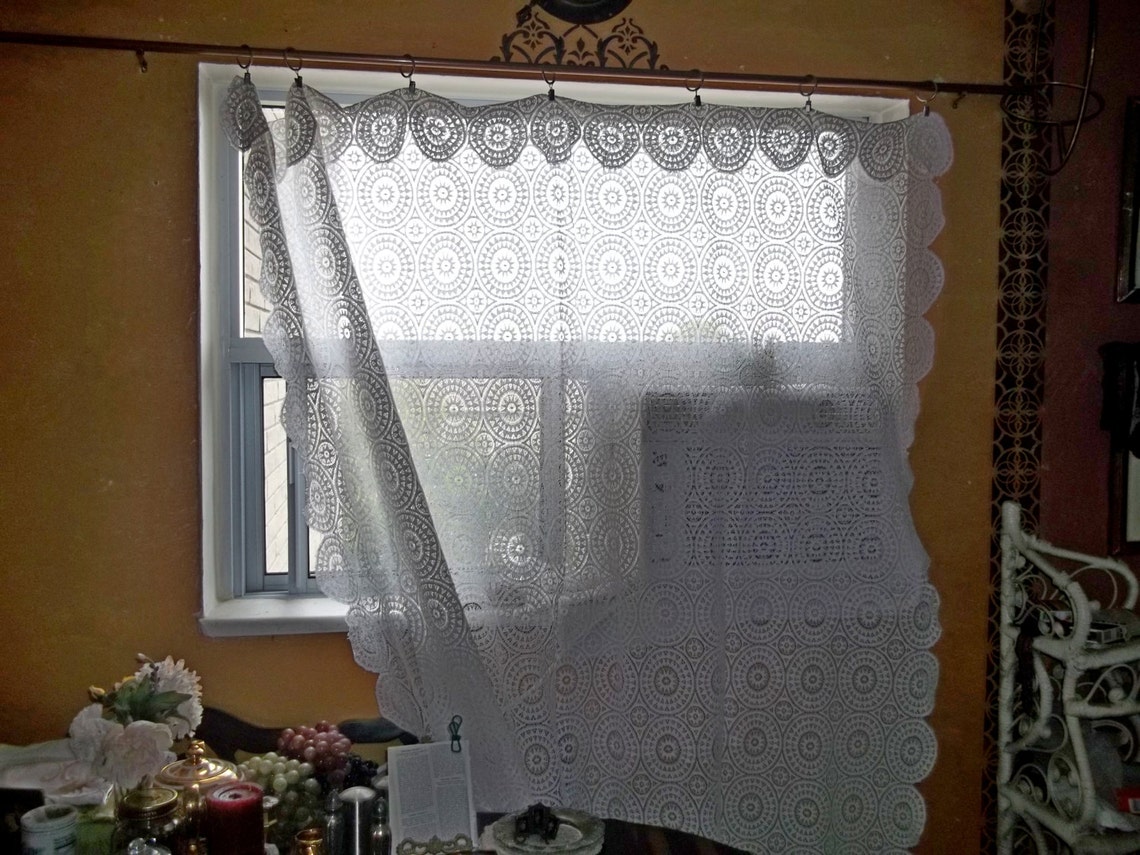 OOAK Antique French White Leavers Lace Curtain Drape Panel