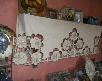 Antique Vintage Fireplace Ecru Linen Mantel/Trim Handmade and Embroidered Lace