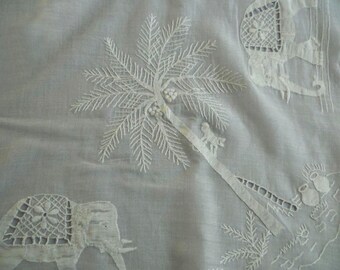 SALE Very Unique Antique 19th Century Pure White Batiste Embroidered Applique Pictorial Tablecloth/Curtain/Panel