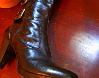 SALE Vintage Black Kid Leather High Heel Buckled Boots  - EUR 38 American 7