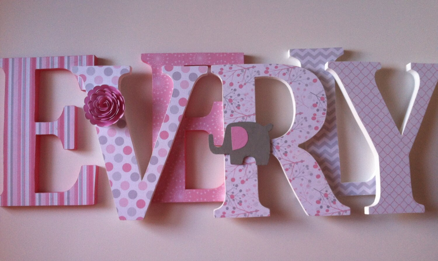 Nursery Wooden Wall Letters in Pink and Gray Spelling Out Your Child's