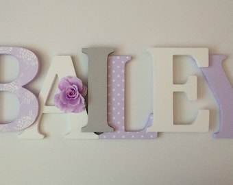 Wooden letters for nursery in lavender, white and gray