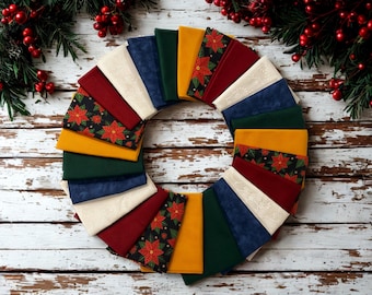 Christmas Fat Quarter Bundle, 6 Piece Fabric, Poinsettia Quilting Cotton, Holiday Fabric, Red, Green, Gold, Navy, White, Quilting Fabric