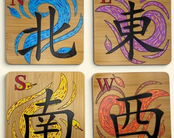 Mahjong Tile Wood Coasters -Set of 4 Hand Painted