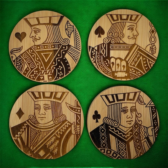 Euchre Bamboo Coasters | Laser Engraved Playing Card Jacks | Game Night Decor