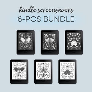 Puede incluir: Un paquete de seis lectores electrónicos Kindle, cada uno mostrando un protector de pantalla diferente en blanco y negro con temas de la naturaleza. Los protectores de pantalla presentan diseños de mariposas y flores. El texto "kindle screensavers 6-PCS BUNDLE" está en la parte superior.