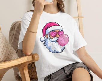 Pink Santa Bubblegum Christmas T-Shirt, Cute Holiday Graphic Tee, Festive Santa Shirt, Women's Christmas Gift