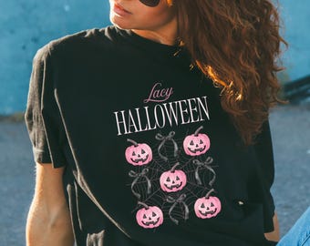 Shirt Pink Pumpkin Bow Halloween Women's Coquette Graphic Tee