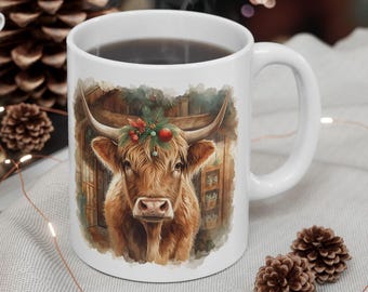 Highland Cow Christmas Mug - Rustic Farm Cow Ceramic Coffee & Tea Cup, Holiday Gift for Cow Lovers