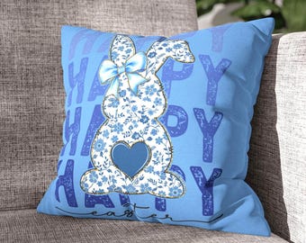 Floral Bunny Heart Pillowcase, Easter Bunny Pillow Cover, Spring Decorative Throw Pillow, Cute Easter Decor, Farmhouse Easter Cushion