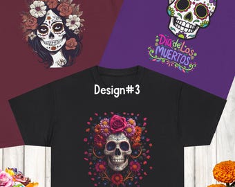 Day of the Dead Shirt Collection, Sugar Skull Heavy Cotton Tee, Dia de los Muertos T-Shirt, Unisex Skeleton Top, Festival Graphic Apparel
