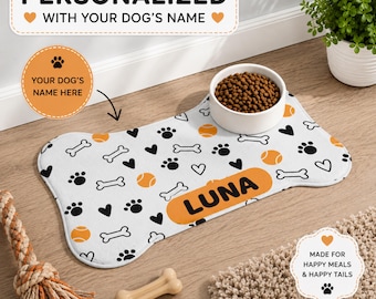 Personalized Dog Feeding Mat, Custom Dog Name Food Mat, Bone Shaped Dog Bowl Mat, Absorbent Pet Feeding Mat, Dog Lover Gift