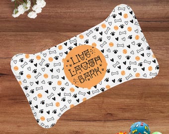Live Laugh Bark Pet Feeding Mat – Bone Shape Dog Bowl Mat – Funny Dog Food Mat with Paws Bones Tennis Ball – Dog Lover Gift