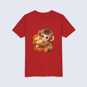 Baby Monkey Punch Youth Shirt, Funny Monkey Kids T-Shirt, Cute Monkey Plush Toy Graphic Tee, Viral Animal Meme Shirt Red