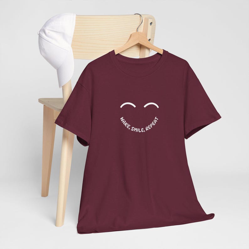 Wake Smile Repeat T-Shirt, Positive Quote Tee, Unisex Graphic Shirt, Inspirational Gift, Motivational Casual Wear Maroon