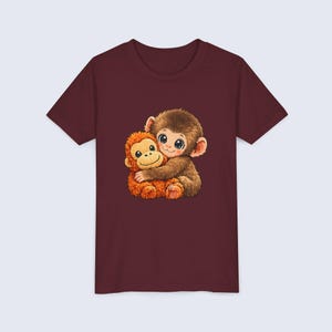 Baby Monkey Punch Youth Shirt, Funny Monkey Kids T-Shirt, Cute Monkey Plush Toy Graphic Tee, Viral Animal Meme Shirt Maroon