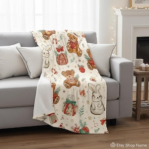 Christmas Velveteen Blanket - Holiday Bears & Bunnies Illustration - Soft Fuzzy Throw for Kids' Room Decor