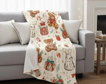 Christmas Velveteen Blanket - Holiday Bears & Bunnies Illustration - Soft Fuzzy Throw for Kids' Room Decor