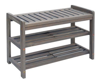 Acacia Wood Shoe Rack – 3-Tier Rustic Entryway Bench, Farmhouse Storage Shelf