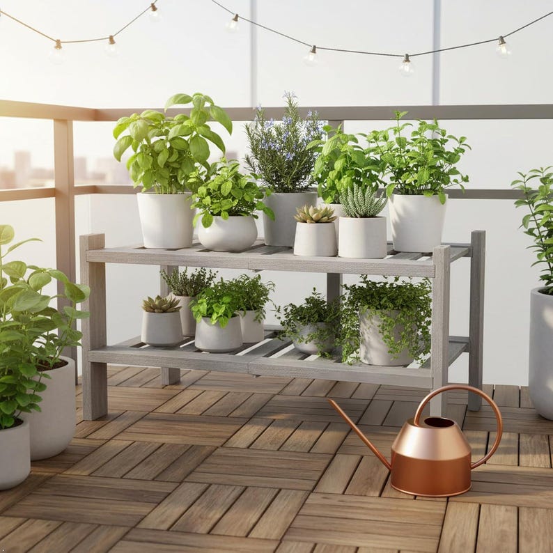 Puede incluir: Un estante de madera para plantas con dos estantes exhibe varias hierbas y suculentas en macetas. Las plantas est&aacute;n en macetas blancas. Una regadera de cobre est&aacute; en la terraza de madera. Luces de cadena cuelgan sobre las plantas.