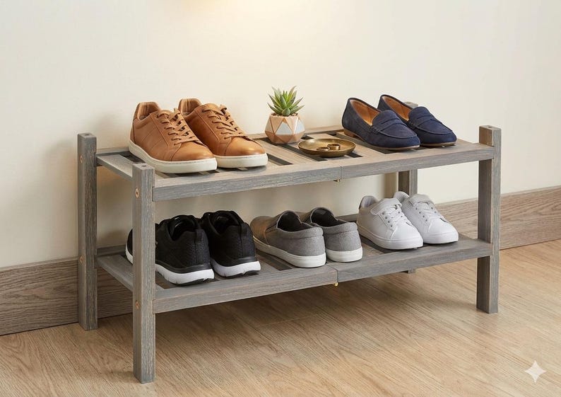 Puede incluir: Un zapatero de madera gris de dos niveles que muestra varios pares de zapatos. El estante superior tiene zapatillas de cuero marr&oacute;n, mocasines azules y una peque&ntilde;a planta. El estante inferior tiene zapatillas negras, grises y blancas.