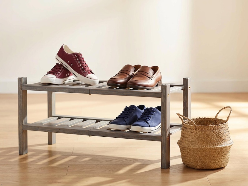 Puede incluir: Un zapatero de madera gris de dos niveles exhibe varios zapatos. La balda superior contiene zapatillas burdeos y mocasines de cuero marr&oacute;n. La balda inferior presenta zapatillas azules. Una cesta tejida est&aacute; al lado.